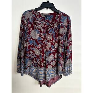 Lucky Brand Boho Floral Viscose Peasant Top Burgundy Blue Size S